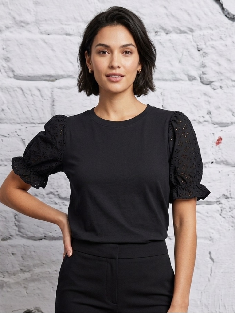 Joie Black T-Shirt Eyelet Puff Sleeve Top Peasant Coquette Cottagecore Romantic